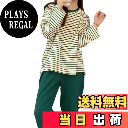 【送料無料】[Leadamon-oee] パジャマ レディース 長袖 ルームウェア 2 点セット 寝巻き 上下セット クルーネック トップス パンツ セットアップ 胸パッド付き ストライプ ゆったり 肌に優しい 薄手 柔らか 快適 部屋着 春 秋 冬 色：グリーン、サイズ：L