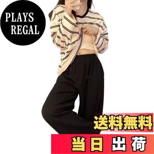 【送料無料】[Leadamon-oee] パジャマ レディース 長袖 ルームウェア 2 点セット 寝巻き 上下セット クルーネック トップス パンツ セットアップ 胸パッド付き ストライプ ゆったり 肌に優しい 薄手 柔らか 快適 部屋着 春 秋 冬 色：ブラック、サイズ：L