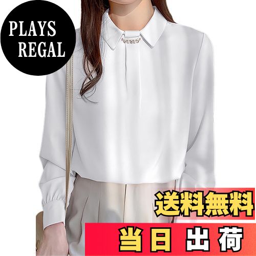 【送料無料】[Lalapala] シャツ ブラウス レディース 長袖 パール 立ち襟 トップス 大人 可愛い 上品 エレガント きれいめ ゆったり 体型カバー おしゃれ 着回し オフィス カジュアル フォーマル 卒業式 入学式 デート 通勤 春 色：ホワイト、サイズ：2XL