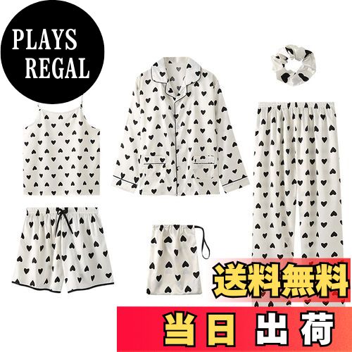 【送料無料】Zuevi パジャマ レディース サテン ルームウェア 7点セット 部屋着 長袖 寝巻き キャミソール 春夏秋 肌に優しい ブラック無地 色：ホワイト心、サイズ：M