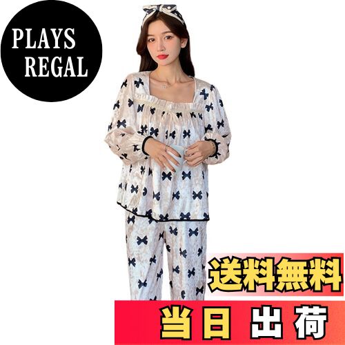 【送料無料】[Tiernyueth] パジャマ レディース スクエアネック 長袖 上下セット レース エンボシング ルームウェア ボタン 通気性 前開き 薄い 柔らかい肌触り ゆったり ウエストゴム ファッション カジュアル レイジースタイル シンプル 春 秋 色：蝶ネクタイ、サイズ：Fr