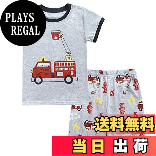 【送料無料】[Enfants Cheris] 子供パジャマ 男の子 上下セット 半袖Tシャツ+半ズボン キッズ 部屋着 恐竜/光る飛行機/サメ/消防車/柄 綿 ルームウェア 夏 キャラクター90100110120130140 色：消防車-ショート、サイズ：110