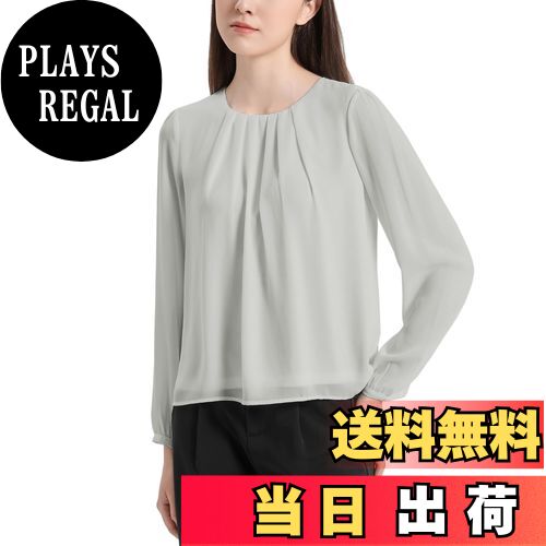 【送料無料】[YASHIGE] フロントタック シフォン ブラウス レディース 長袖 シャツ クルーネック ゆったり 着痩せ タック カジュアル 体型カバー きれいめ おしゃれ 可愛い スッキリ洗える トップス 通勤 デート ー裏地付 春 秋 冬 色：グレー、サイズ：XL