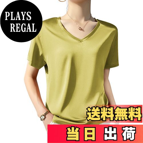 【送料無料】[Phorecys] サテン 半袖 ブラウス レディース tシャツ Vネック シルクタッチ トップス カットソー 無地 シンプル 柔らか カジュアル 色：イエロー、サイズ：L