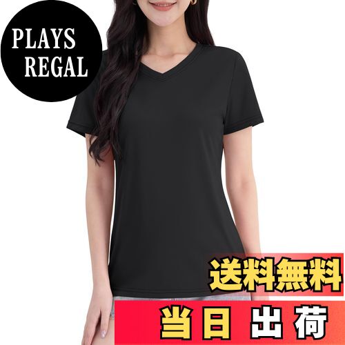 【送料無料】[TACVASEN] Tシャツ レディース 半袖 Vネック UPF 50+ 吸汗速乾 スポーツウェア 無地 トレナー ゴルフ ラーニング トレニングウェア 透け防止 普段着 夏 色：ブラック、サイズ：2XL