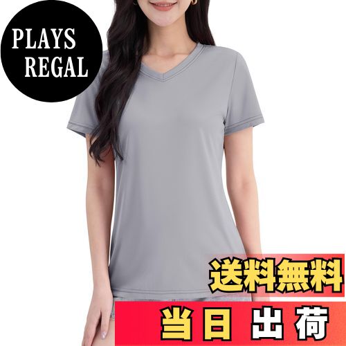 【送料無料】[TACVASEN] Tシャツ レディース 半袖 Vネック UPF 50+ 吸汗速乾 スポーツウェア 無地 トレナー ゴルフ ラーニング トレニングウェア 透け防止 普段着 夏 色：ライトグレー、サイズ：L