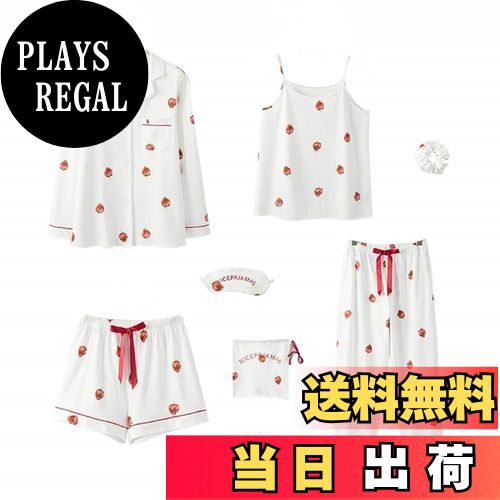 【送料無料】[Rose Halcyon] パジャマ レディース ルームウェア 寝巻き ルームワンピース 部屋着 綿 7点セット 可愛い 長袖 パンツ ズボン キャミソール 秋 春 夏 色：ホワイトイチゴ(綿)、サイズ：M