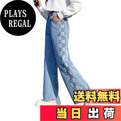 【送料無料】[Rolanko] 子供 デニムパンツ 女の子 ズボン ジーンズ キッズ ワイドパンツ ガールズ ジーパン ロングパンツ 子供服 通園 通学 普段着 ブルー 130-170 色：ブルー(PlaidSide)、サイズ：160