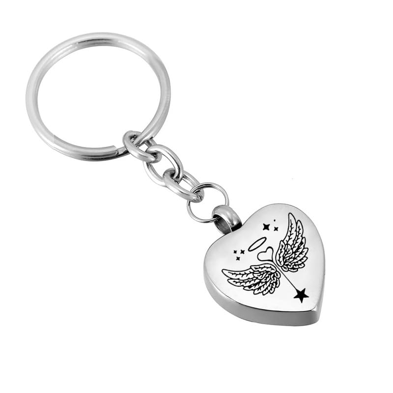 【送料無料】[Rockyu] キーホルダー ペット 犬猫 骨壷 メモリアルキーリング ステンレス ハート型 羽根..