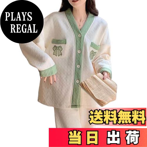 【送料無料】[Narebualo Cietupoop] レディース パジャマ 長袖 ルームウェア 上下セット ボタン パターン 肌に優しい 柔らかい肌触り ゆったり 前開き ウエストゴム あたたかい 体型カバー カジュアル シンプル かわいい レイジースタイル 色：グリーン蝶ネクタイ、サイズ：F