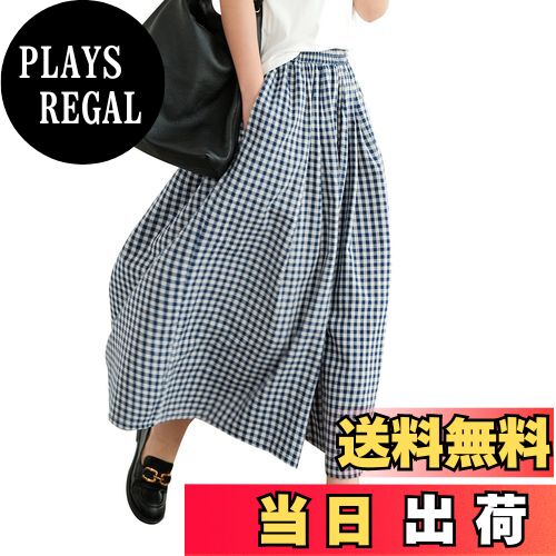 【送料無料】[Vincent house] ワイドパンツ レディース チェック柄パンツ リネン ボトムス ロングパンツ ウエストゴム ハイウェスト 九分丈 ズボン 美脚 大きいサイズ カジュアル お洒落 色：ブルー、サイズ：Free Size