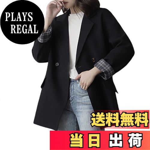 【送料無料】[Vincent house] スーツ ジャケット レディース チェック柄 ミドル丈 長袖 薄手ゆったり 着痩せ アウター おしゃれ 無地 トップス 体型カバー 通勤 カジュアル 春 秋 色：ブラック、サイズ：L