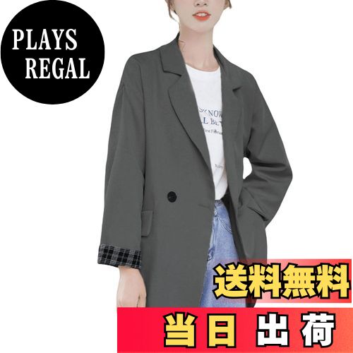 【送料無料】[Vincent house] スーツ ジャケット レディース チェック柄 ミドル丈 長袖 薄手ゆったり 着痩せ アウター おしゃれ 無地 トップス 体型カバー 通勤 カジュアル 春 秋 色：グレー、サイズ：M