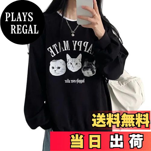 【送料無料】[Vincent house] トレーナー レディース トップス 薄手 長袖 猫柄 ゆったり クルーネック ..