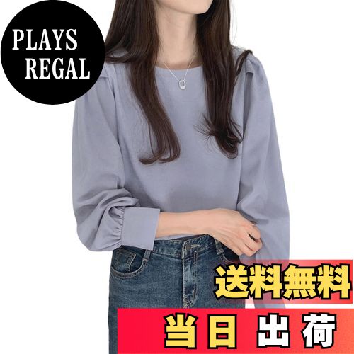 【送料無料】[Guooryvner] グオーリーブナー ブラウス レディース 長袖 春 秋 冬 シャツ パフ袖 トップス 無地 丸襟 襟なし 長袖tシャツ 綿 可愛い ゆったり 春物 キレイめ 透けない おしゃれ カットソー カジュアル 大人 オフィス 通勤 体型カバー 色：ブルー、サイズ：L