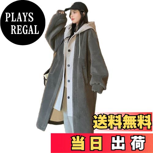 【送料無料】[MERONOCALLALY] フリースコート レディース アウター 重ね着風 ロング丈 フード付き 大きいサイズ ジャケット レイヤード 切り替え ポケットあり 冬 春 色：グレー、サイズ：M