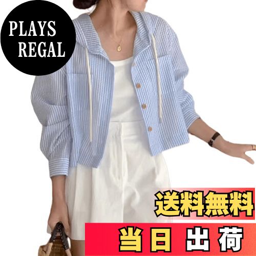 【送料無料】[MERONOCALLALY] UVカット パーカー レディース カーディガン ショート丈 フード付き ストライプ 薄手 長袖 冷房対策 日除け服 ゆったり 春 夏 秋 色：ブルー、サイズ：L