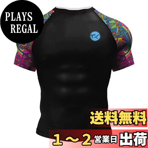 [ORBU] コンプレッション 半袖 メンズ ジム 筋トレ Tシャツ プリント柄 インナー パワーストレッチ アンダー シャツ 吸汗 速乾 通気 ショートスリーブ フィットネス トレーニングウェア 上着 色：ブラック4（虹1）、サイズ：M