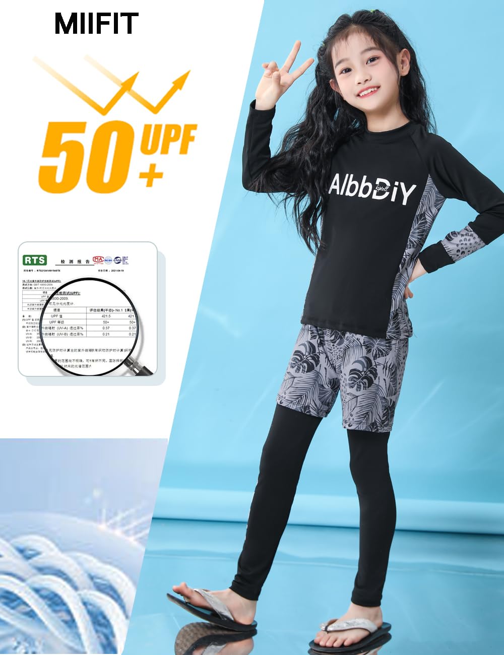 【送料無料】[MIIFIT] 水着 キッズ 女の子 男の子 子供用 キッズ水着 ウェットスーツ 長袖ラッシュガード レギンス ハーフパンツ 上下セット セパレート 紫外線対策 日焼け止め 水泳 海水浴 海遊び 夏 人気 プレゼント 色：ファスナーなし-葉-ホワイト、サイズ：3XL 2