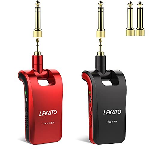 LEKATO ギターワイヤレスシステム エレキギター 送受信機 3.5mmおよび6.35mmステレオとモノラルプラグ付きギターに直接プラグ・イン エレキギターアンプ 6チャンネル USB充電 軽量 コンパクト ステレオ放送 280°回転 赤黒