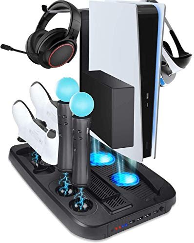 PSVR縦置きスタンド VR多機能スタンドPS Moveコントローラ*2 充電＋PS5コントローラー*2充電 4台同時に充電可能な充電器　PS5本体　VRコネクタ VRヘッドセットヘッドホン収納　本体冷却ファン付きPS5 UHDとPS5 DE版に対応