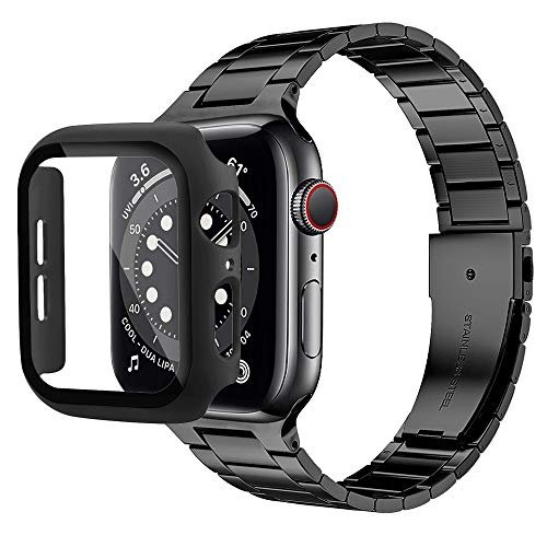 Miimall Apple Watch SE/6/5/4 バンド 保護ケース アップルウォッチ 6 交換バンド カバー シート 金属バンド PCケース 高級ステンレスバンド ステンレス PC材質 調節可能 ビジネス風 Apple Watch SE 交換バンド（ブラック/40mm）