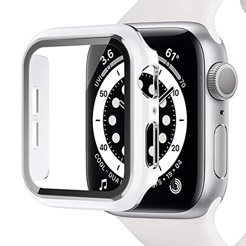 Miimall 一体感ケースApple Watch 44mm 専用 アップルウォッチ シリーズ 4/5/6/SE ケース アップルウォッチ 44mm保護ケース キズ防止 防塵 軽量 硬度9H PC素材 液晶全面保護 強化ガラス(44mm|ホワイトxシルバー色)