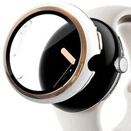 Miimall「ガラスフイルム一体感ケース」Google Pixel Watch 専用ケースオシャレGoogle グーグルPixel Watch向けの ケース Pixel Watch 保護ケース キズ防止 防塵 軽量 硬度9H PC素材 液晶全面保護 オシャレ設計 強化ガラス(ホワイトxシャンパン色)