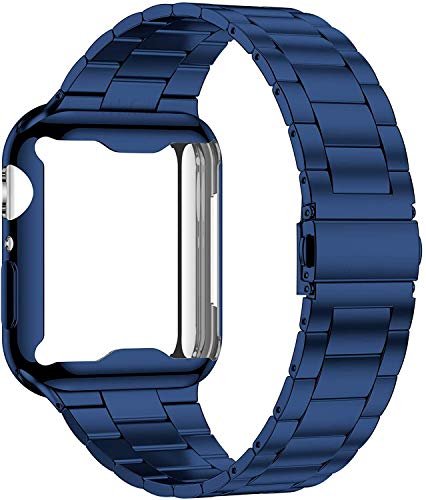 Miimall【バンド+ケース セット】Apple Watch SE/6/5/4/3/2/1 バンド ケース アップルウォッチ 6 交換バンド カバー 高級ステンレスバンド TPU材質 調節可能 全面保護 Apple Watch SE 交換バンド（ブルー/40mm）