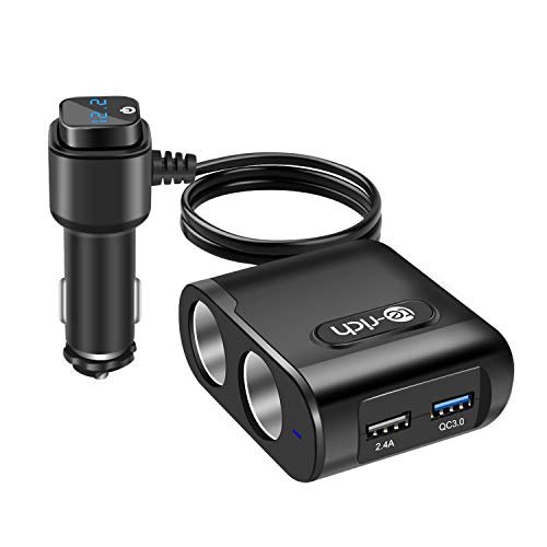 Te-Rich シガーソケット 2連 usb 車載充電器 分配器 QC3.0急速充電 カーチャージャー 2USBポート 最大80W ヒューズ 12V/24V対応 電圧計 LED付き 延長コード 1m 車用ソケット 増設 電源ソケット 分岐 アクセサリーソケット(ブラック)