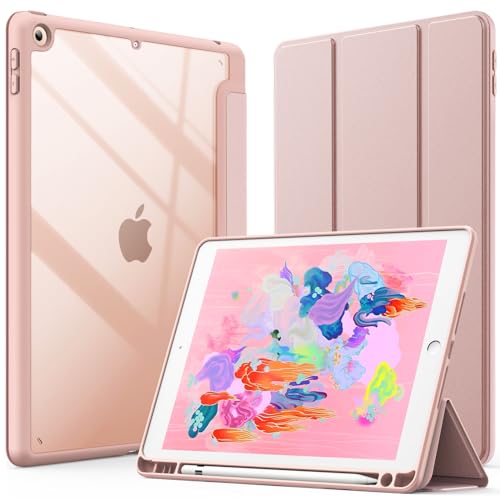 JEDirect iPad 9.7インチ ケース（第6/5世代、2018/2017モデル用）Pencil収納可能透明バックカバー 薄型 スタンド 衝撃吸収 タブレットカバー オートウェイク/スリープ機能 (ローズゴールド)