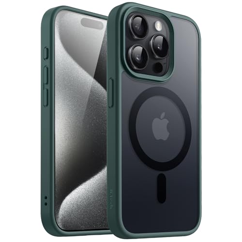 JEDirect iPhone 15 Pro 6.1インチ用 マグネット ケース MagSafeに対応 半透明のマット背面 薄型 耐衝撃 カバー (濃い緑色)