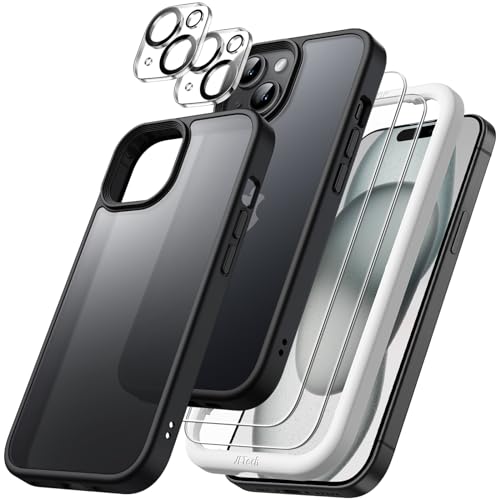 JEDirect 5 in 1 iPhone 15 Plus 6.7インチ用 マットケース 2枚強化ガラスフィルム+2枚カメラレンズフィルム付き 5枚セット 半透明背面 耐衝撃スマホカバー (ブラック)