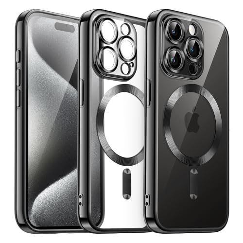JEDirect iPhone 15 Pro 6.1インチ 用電気メッキケース カメラレンズ 保護カバー MagSafe ワイヤレス充電対応 耐衝撃ソフトTPUカバー (ブラック)