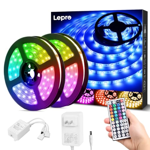 Lepro LEDテープライト SMD 5050 防水 10m (5m*2本) 300連 30leds/m 正面発光 RGB 明るさ調整 間接照明 両面テープ 切断可能 取付簡単 44キーリモコン 調光調色 DC12V電源 ライン・コーニス・什器・棚下照明 屋内外兼用