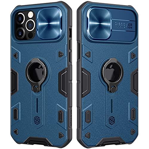 CloudValley iPhone 12 Pro Max 用 ケース カメラカバー ＆ キックスタンド付き 耐衝撃 PCとTPU ケース スライドレンズ保護＋360°回転リングスタンド アーマースタイル保護バンパー ブルー