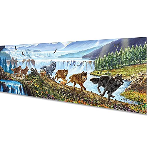 Instarry 5D ダイヤモンドアート キット 絵画 全面貼り付けタイプ 壁の装飾 モザイク ビーズ 手作りキット オオカミと滝 120x40 cm