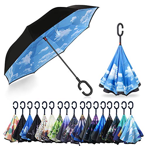 YOKITOMO 長傘 逆さ傘 丈夫 撥水 内外2枚の布の構成で耐風 熱中症対策 遮光 遮熱効果 閉じると自立可能 晴雨兼用 車用 (青空)人気ギフト