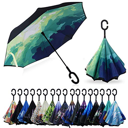YOKITOMO 長傘 逆さ傘 丈夫 撥水 内外2枚の布の構成で耐風 熱中症対策 遮光 遮熱効果 閉じると自立可能晴雨兼用傘 森の絵 人気ギフト