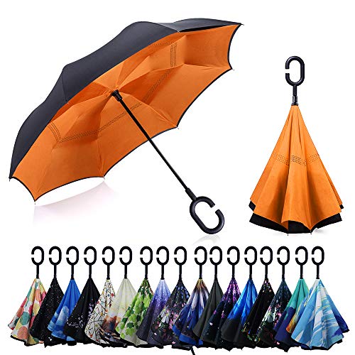 YOKITOMO 長傘 逆さ傘 逆折り式 耐風 丈夫 撥水 UVカット 自立可能 晴雨兼用 車用 (オレンジ)