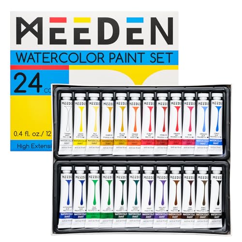 MEEDEN 水彩絵の具セット 水彩ペイントセット 24色セット 12ml 24チューブ 鮮やかな色 ビビッドカラー 非毒性 耐光性 速乾 絵の具 絵具 水彩画セット 水彩絵用品 子供用 イラスト 塗り絵 クラ…