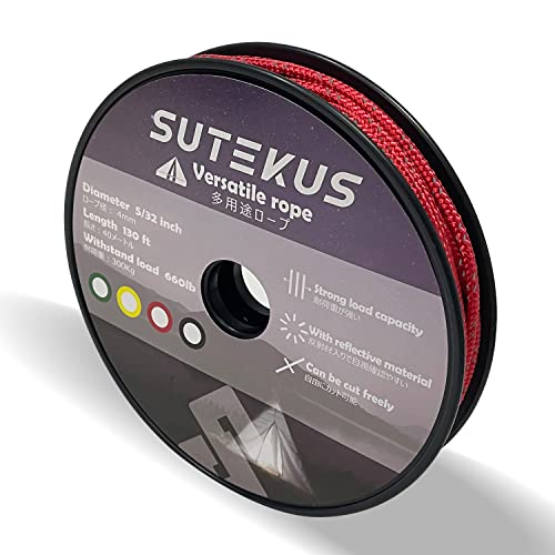 Sutekus テントロープ 反射材入り 耐荷重 パラコード タープコード ロープ ガイライン ロール付 (直径4mm/総長40m-耐荷重300Kg-レッド)