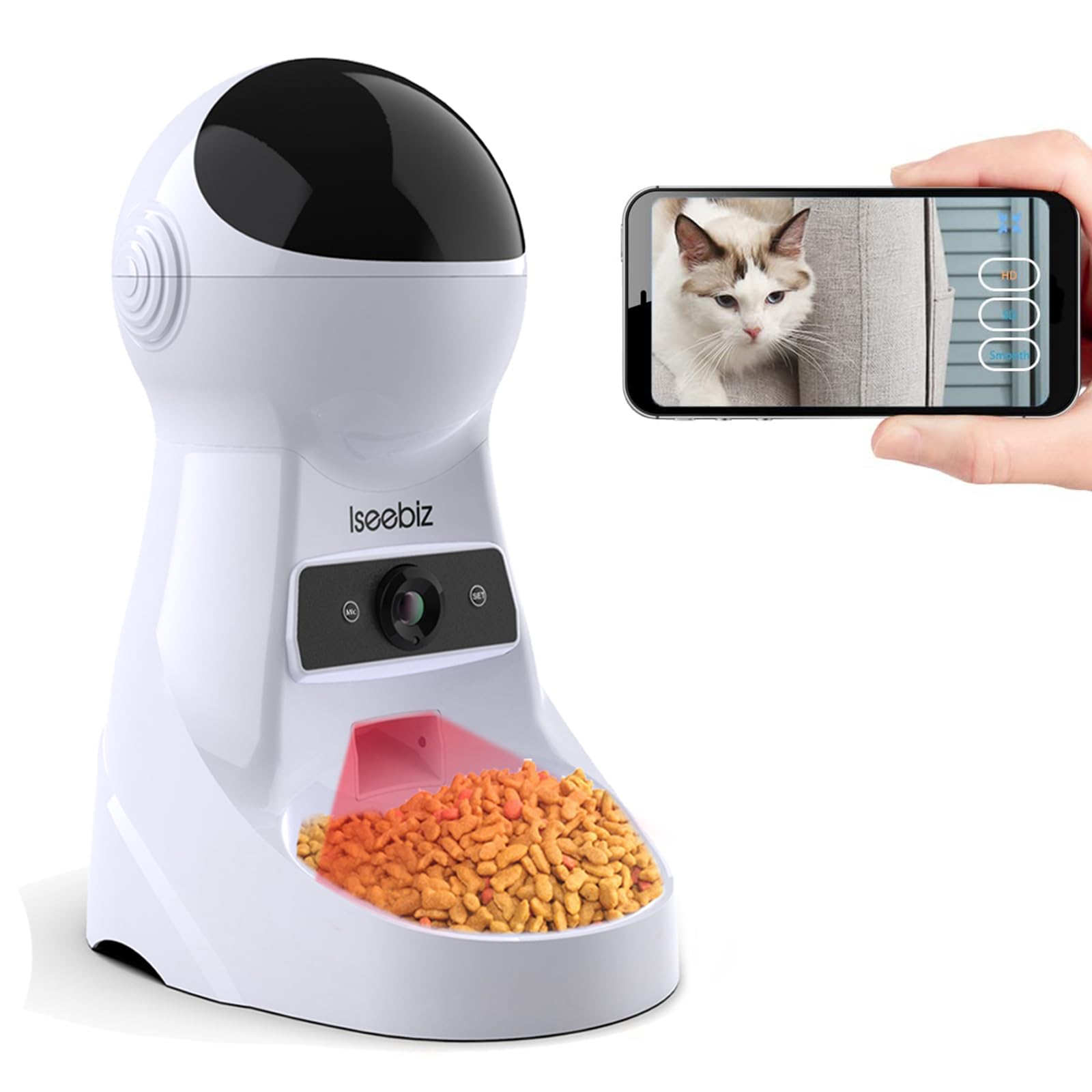 自動給餌器 猫 犬用 Iseebiz スマホで遠隔操作 カメラ付きペット自動餌やり機 3.5L容量 1日6食まで Wi-Fi必要 タイマー式 アプリ対応 録音可 防湿 ビデオカメラ 自動&手動給餌 留守も安心オートペットフィーダー iOS Android対応 日本語対応アプリ 日本語説明書付 ホワイ