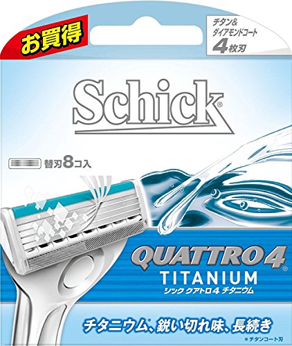 商品情報商品の説明説明 商品の説明 「シッククアトロ4チタニウム替刃8個入」は、チタンコート4枚刃を採用したシェーバー替刃です。刃のすべりを滑らかにするフロントスムーザー、肌をのばし、ヒゲを剃りやすい状態にするガードバーも採用し、ビタミンE、アロエを配合したアクアグライドです。お肌に優しい深剃りを実現します。シッククアトロ4チタニウム、シッククアトロ4エナジー、またはシッククアトロ4のホルダーをご使用ください。他のホルダーはご使用になれません。*ヘッドから洗い流して下さい。 ご注意（免責）＞必ずお読みください 【訳あり品】 外箱、つぶれ・汚れあり。 訳あり品の為、返品・交換・キャンセルは、ご容赦願います。主な仕様 内容量:8個brサイズ(外装):100*114*16(mm)brチタンコート4枚刃、フロントスムーザー、ガードバー採用したシェーバー替刃。ビタミンE、アロエ配合アクアグライド。