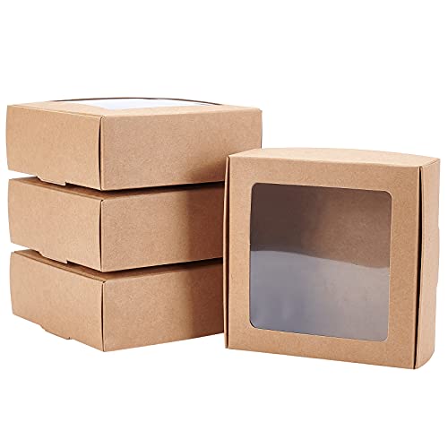 BENECREAT 20個9.5x9.5x3.5cm ミニダンボール 木の色 ギフトボックス クリア窓付き クラフト紙箱 キャンディー クッキー アクセサリー 贈り物 プレゼントボックス