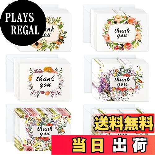 【送料無料】Feela 感謝カード サンキューカード 36枚セット 6種類 封筒 ステッカー付き かわいい 花の柄 ありがとう メッセージカード 感謝祭 感謝の...
