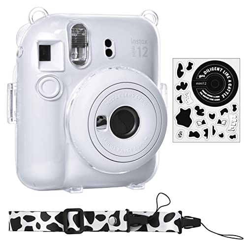 Rieibi instax mini 12ケース、インスタックスミニ 12 ケース チェキ カバー 12 Fujifilm チェキ 12 ケース クリア チェキ カバー 12 instax mini 12 ケース 透明 クリアケース ファイル収納ポケット付き ショルダーストラップ付き ステッカー付き（Milk）