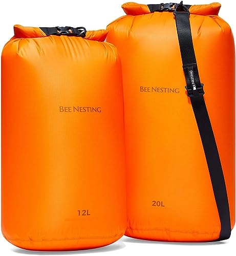 BeeNesting超軽量防水ドライバッグ L 3点セット - 軽量旅行、登山、アウトドア、ボート、カヤック、キャンプ、水泳用シリコンスタッフバッグ (オレンジ、12L 20L & ショルダーストラップ 3枚セット)