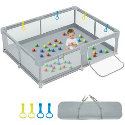 BQKOZFIN ベビーサークル 150x180x66cm 長方形 コンパクト 扉付き 大型 プレイヤード baby playpen 滑り止め吸盤 メッシュタイプ 洗濯可能 収納バッグ付き 室内外対応 子供 軽量