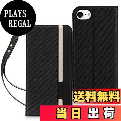 【送料無料】FYY iPhone スマホケース PUレザー 手帳型 軽量 薄型 ワイヤレス充電対応 カード収納 スタンド機能 ストラップ付き ハンドメイド 耐衝撃 iPhone SE 第3世代（2022）/ iPhone SE 第2世代（2020）/ iPhone8 / iPhone7 対応 (ブラック×ゴールド)